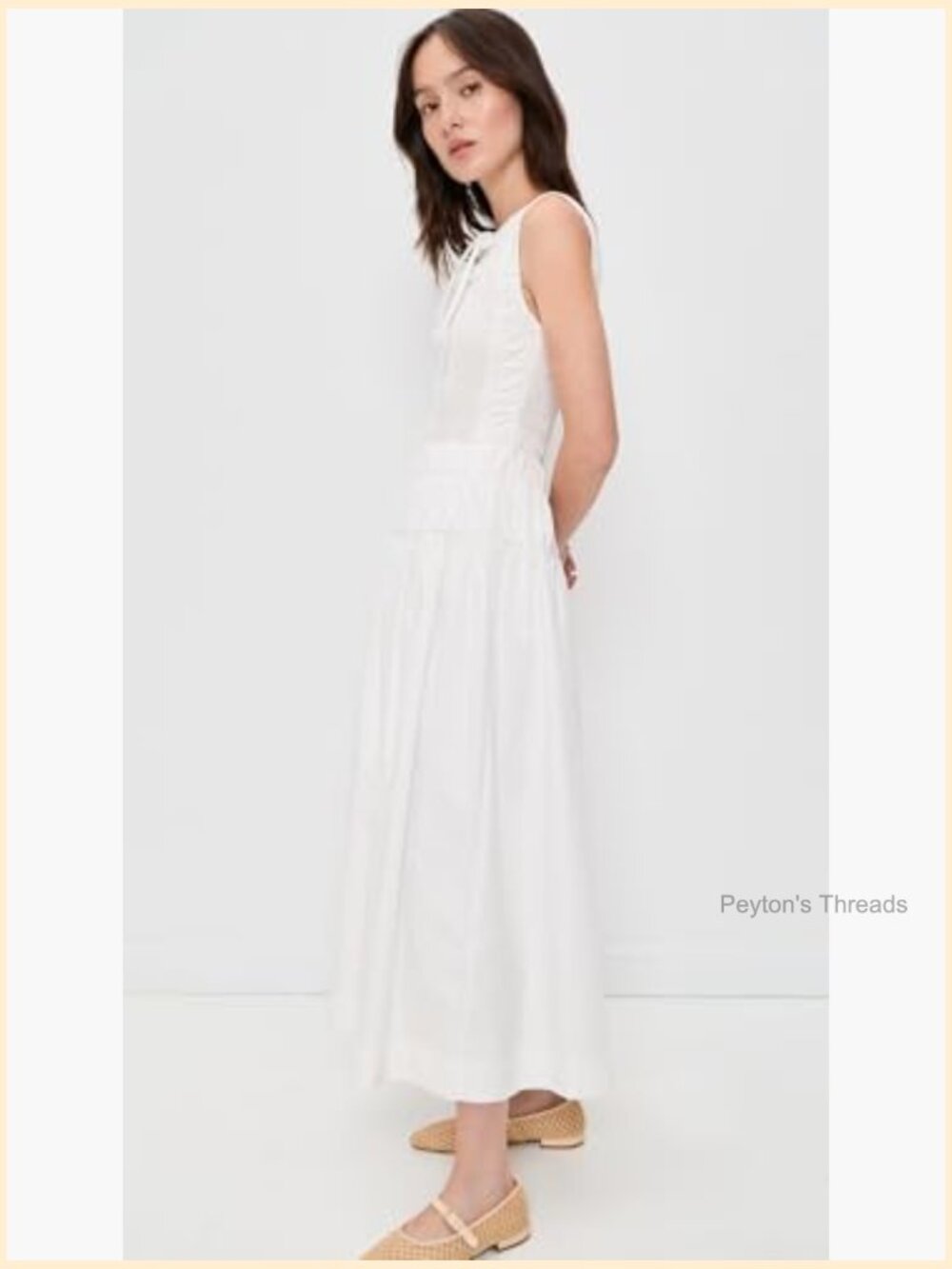 Smocked Elastic Bodice Midi Dress - Lightweight Cotton Blend - Picture 4 of 6